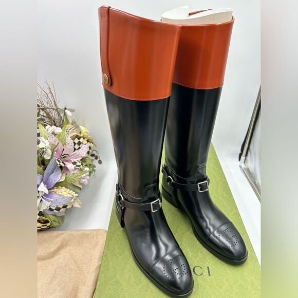 Women’s Gucci leather horse bit accent riding boots size 38.5 made in Italy - Picture 1 of 12